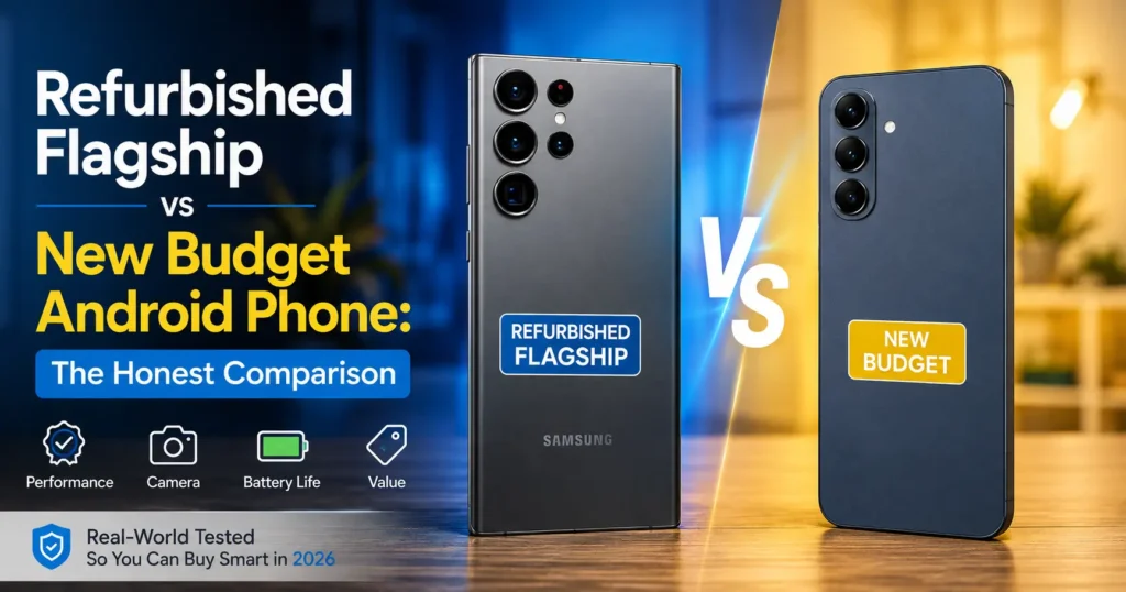 refurbished flagship vs budget phone in 2026 Comparing a refurbished flagship vs budget phone in 2026? Here's a real cost, performance, and warranty comparison to help you decide.