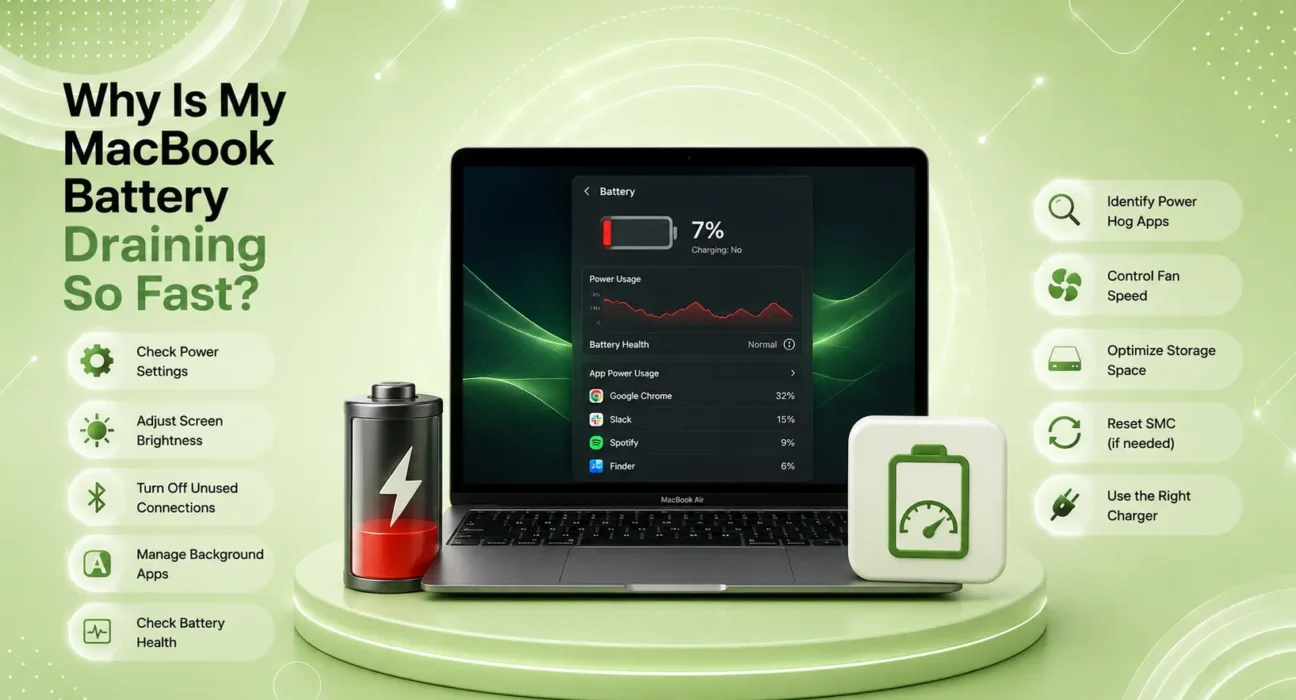 MacBook battery draining fast with battery usage and power settings shown on screen