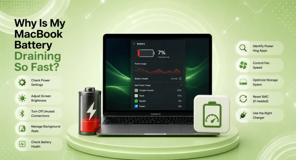 MacBook battery draining fast with battery usage and power settings shown on screen