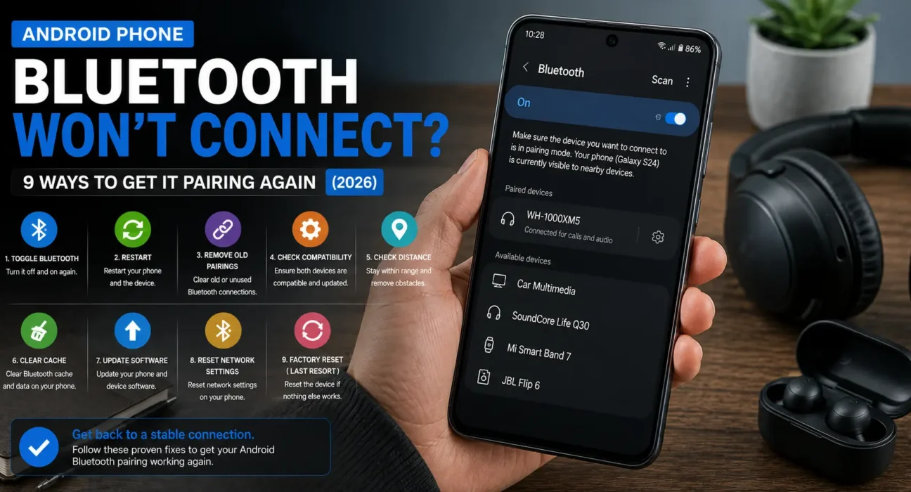 Need an Android Bluetooth won't connect fix? We tested every method on Samsung, Pixel, and Motorola phones. Here are the 9 that actually restore pairing.