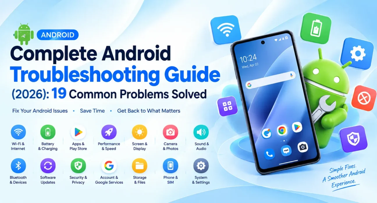 The complete Android troubleshooting guide for 2026 - 19 step-by-step fixes for battery, charging, apps, Wi-Fi, storage, camera, and more in one place.