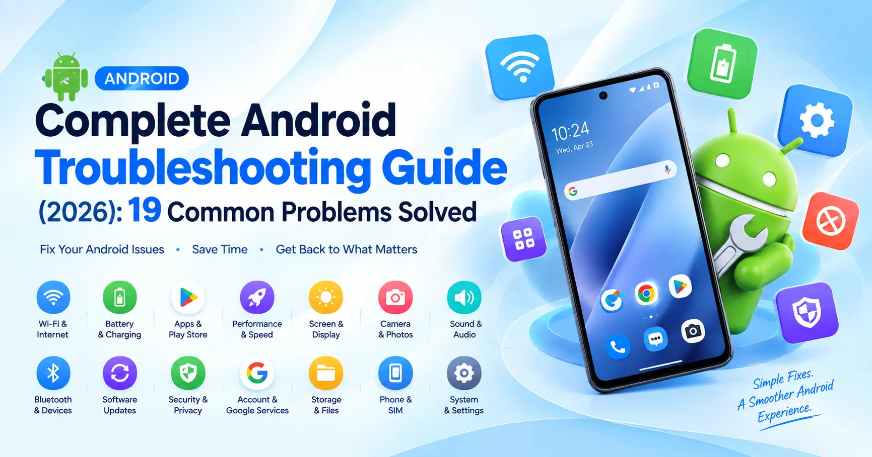 The complete Android troubleshooting guide for 2026 - 19 step-by-step fixes for battery, charging, apps, Wi-Fi, storage, camera, and more in one place.
