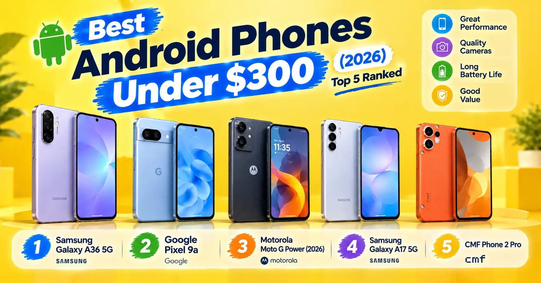 Looking for the best Android phones under $300 in 2026? We compared cameras, batteries, and software support to rank the 5 best budget picks.