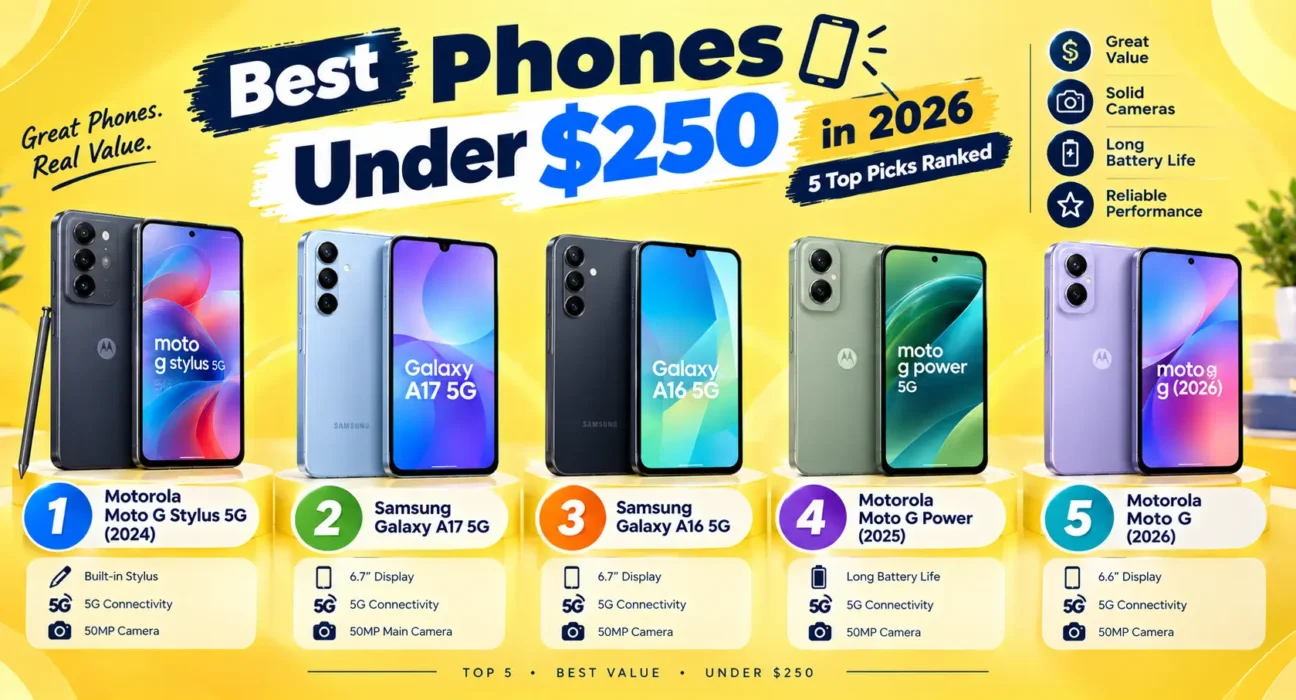 Looking for a great phone without spending $300? We compared displays, cameras, and battery life to rank the 5 best phones under $250 you can buy in 2026.